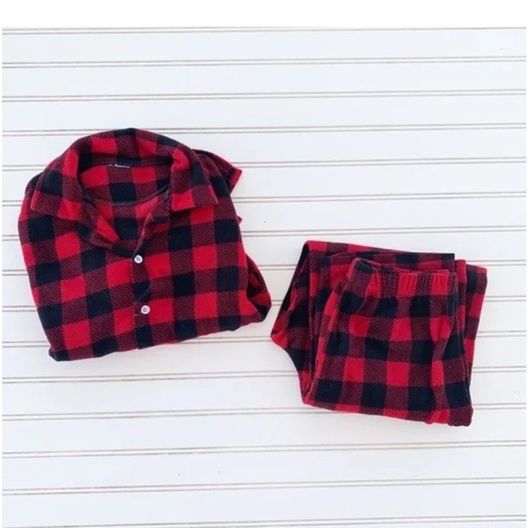 Red and Black Buffalo Plaid Pajama Set with Button-Up Top - Picture 2 of 5